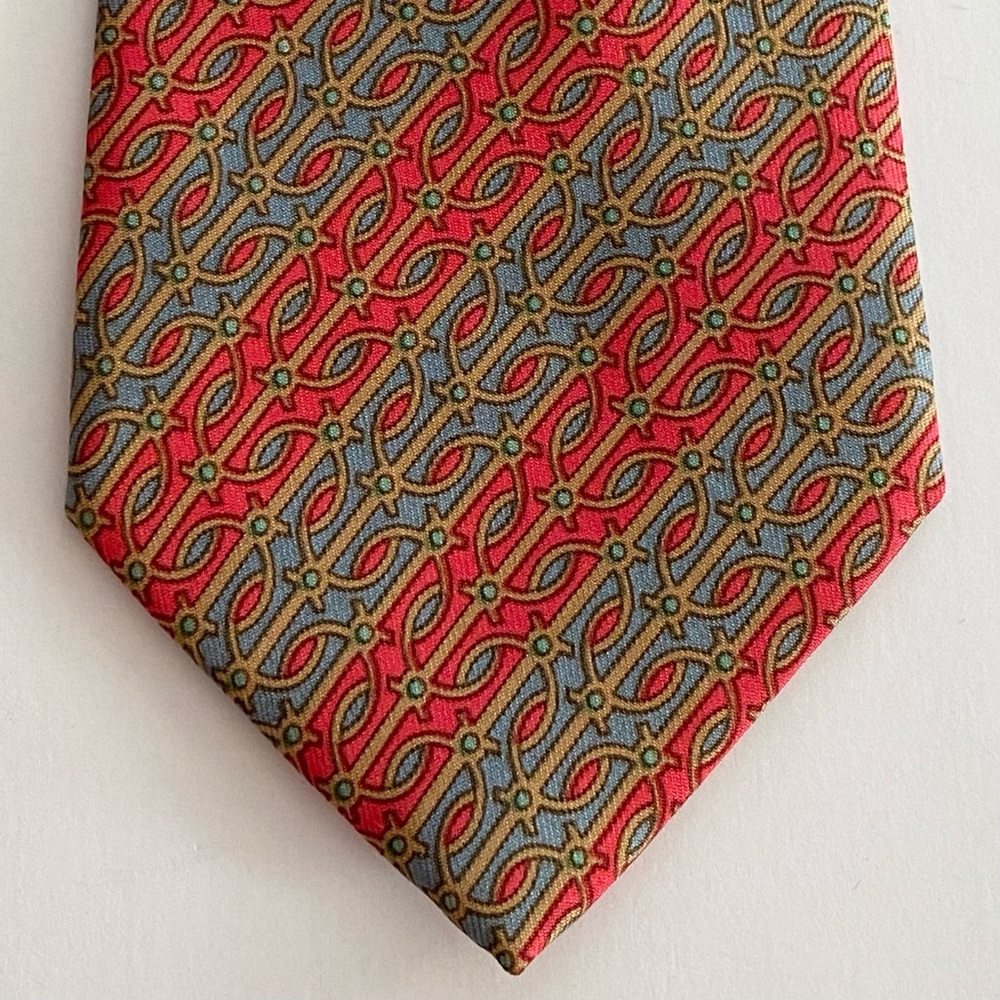 HERMÈS Paris 974 SA Red Blue Multi Geometric Stripe Print 100% Silk Tie Necktie